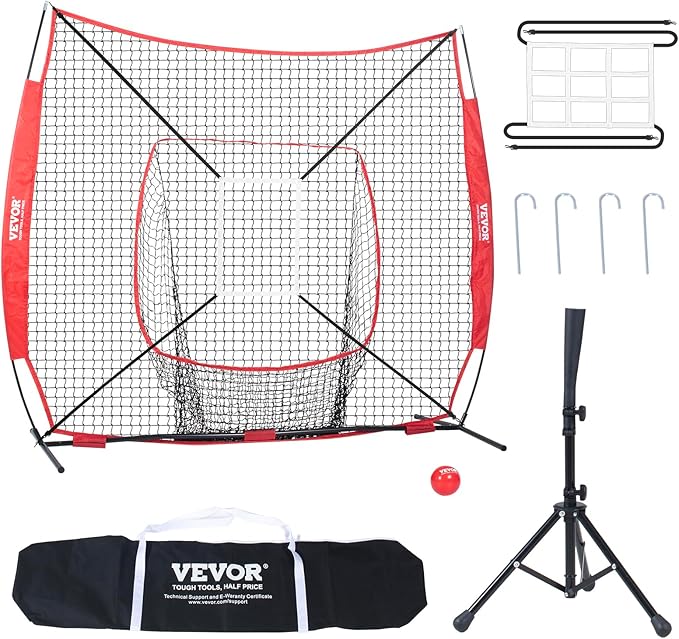 VEVOR Softball Practice Net, Portable Baseball Training Net for Hitting, Batting, Catching, Pitching - Backstop Equipment with Bow Frame, Carry Bag, Strike Zone, Batting Tee