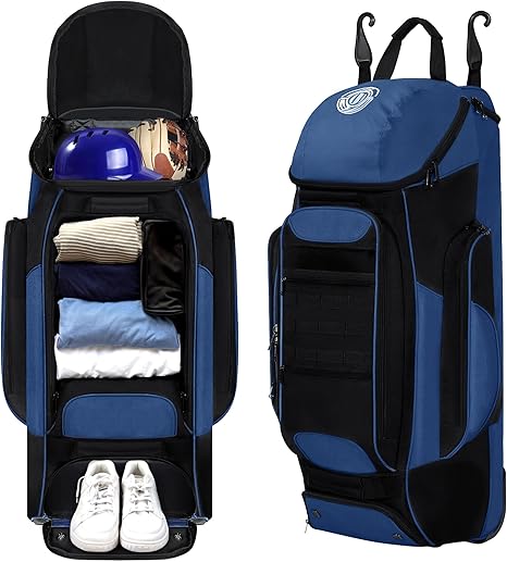 Catchers Gear Bag with Wheels, Rolling Baseball & Softball Catchers Bags with 4 Bat Sleeves, Fence-Hooks, Separate Shoe Compartments and Multi-Pockets